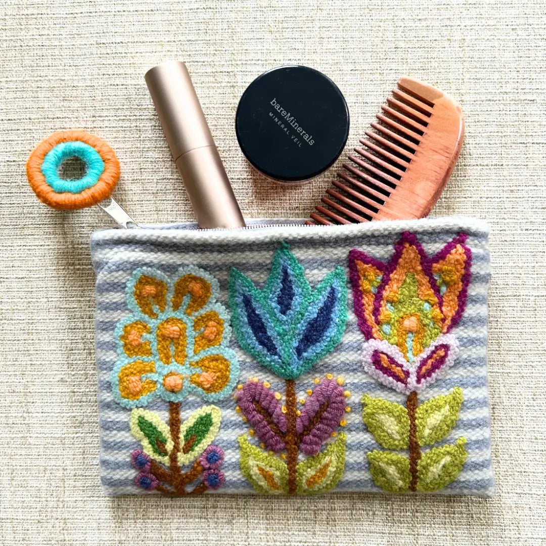 Embroidered Wool Zip Pouch . Flowers + Stripes