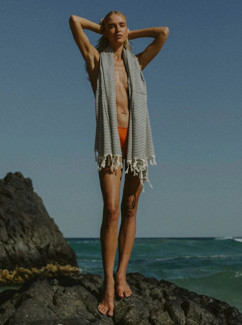 Turkish Cotton Towel . Classic Stripe Black and White