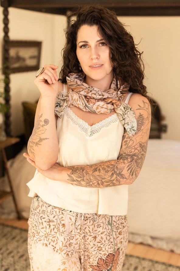 Scarf . Folklore Floral with Bird of Peace