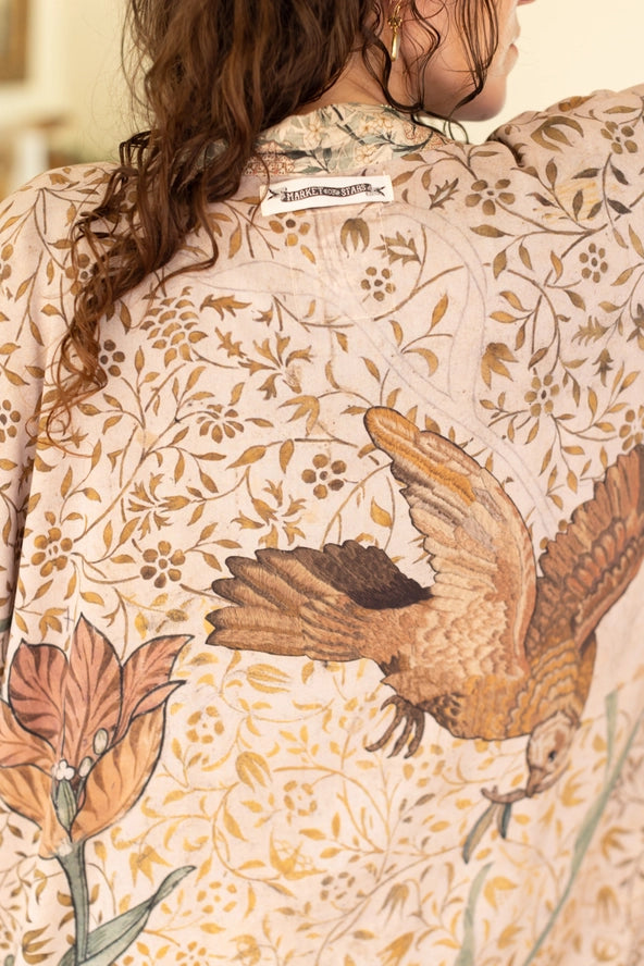 Duster Kimono . Folklore Floral with Bird of Peace .
