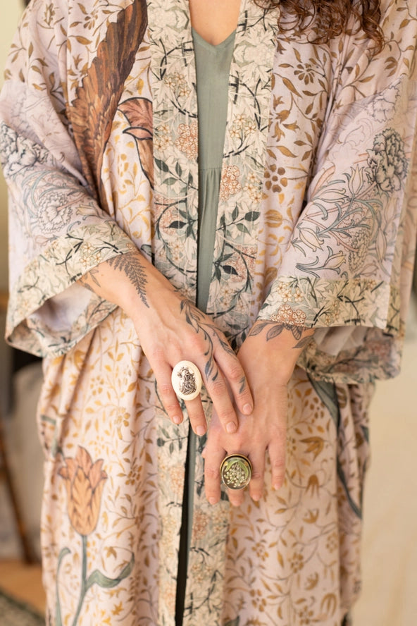 Duster Kimono . Folklore Floral with Bird of Peace .