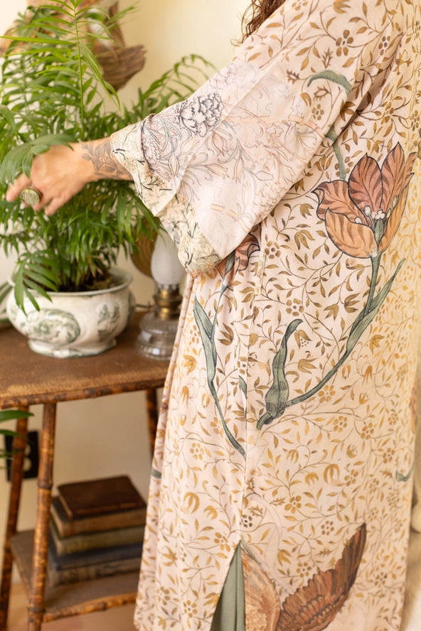 Duster Kimono . Folklore Floral with Bird of Peace .
