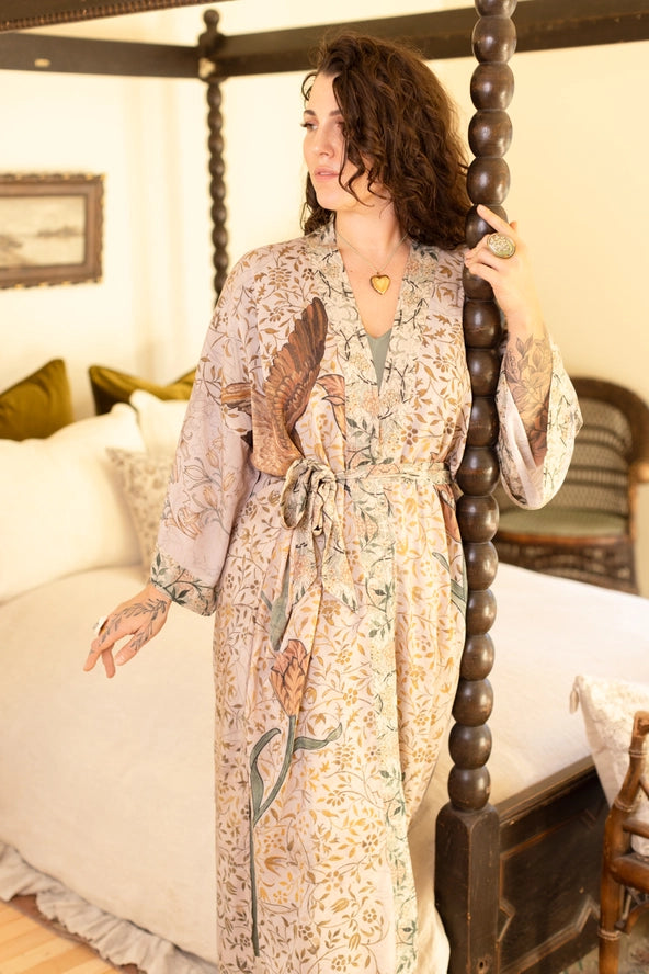 Duster Kimono . Folklore Floral with Bird of Peace .