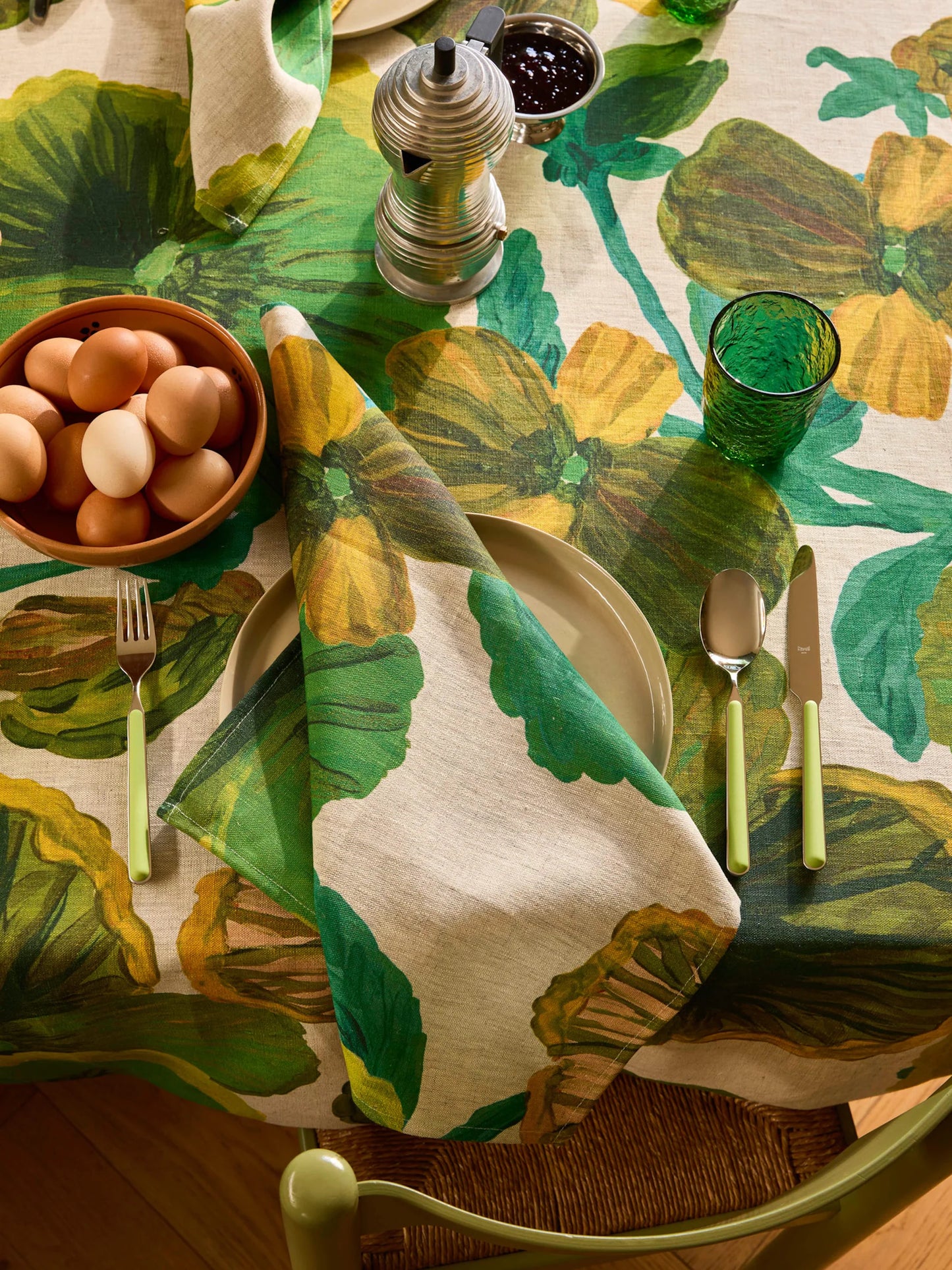Wild Pansy Verde Tablecloth. ARRIVING SOON
