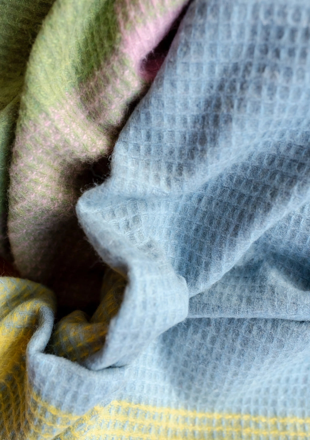 Recycled Wool Blanket . Green Waffle Block