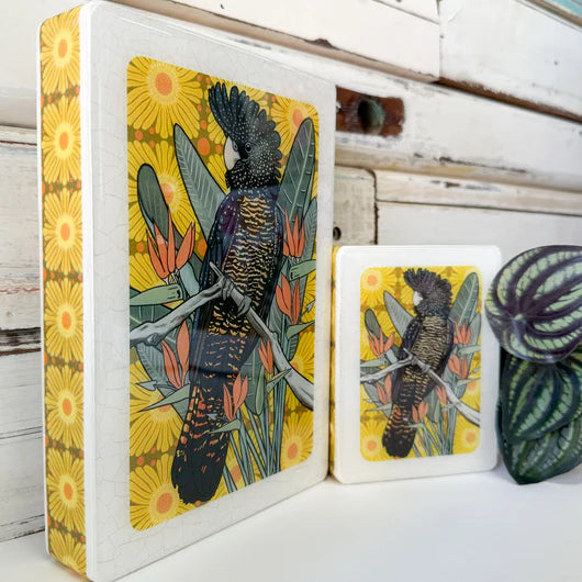 Mini Woodblock . Red-Tailed Black Cockatoo