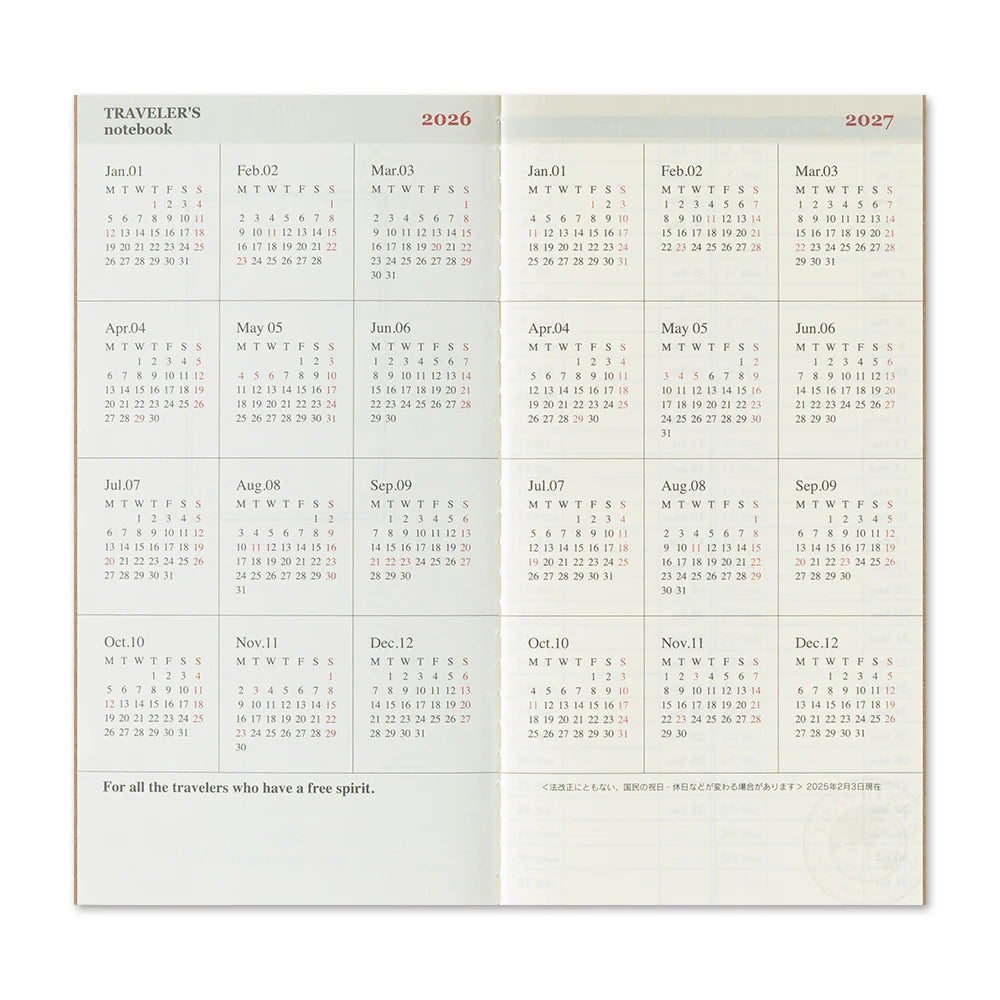 Traveler's Notebook Refill . 2026 Diary Weekly + Memo