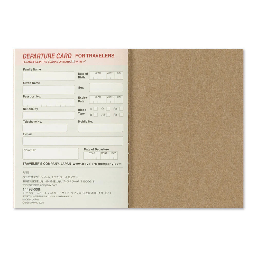 Traveler's Notebook Refill PASSPORT . 2026 Diary Weekly + Memo