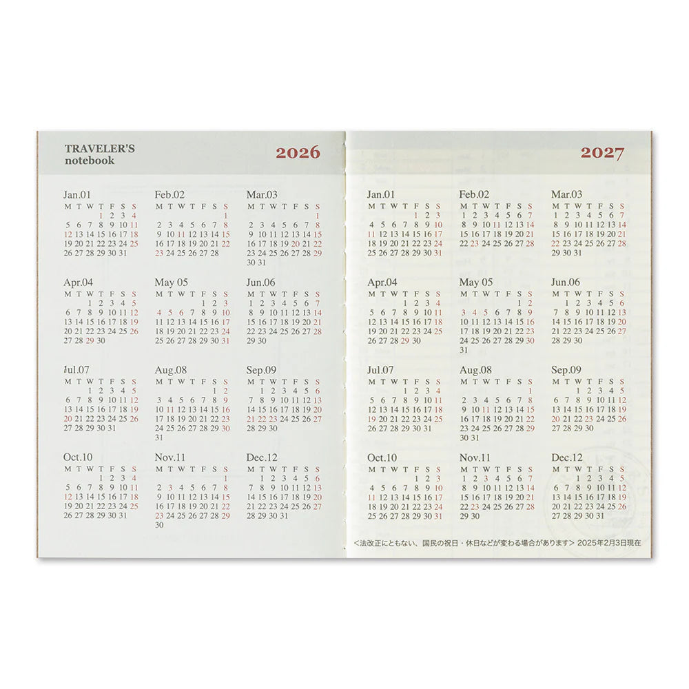 Traveler's Notebook Refill PASSPORT . 2026 Diary Weekly + Memo