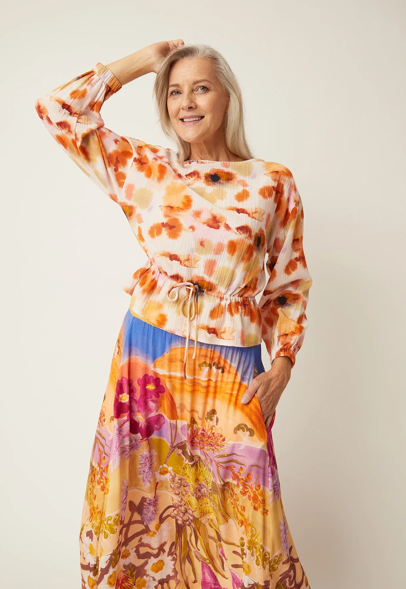 Ophelia Boat Neck Blouse - Pink Watercolour