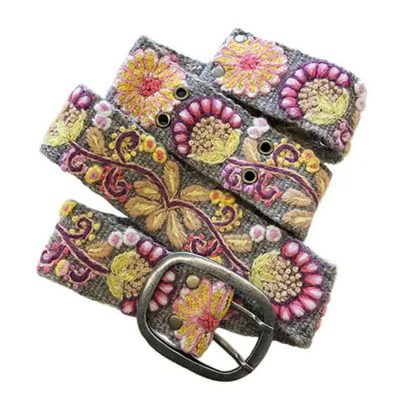 Embroidered Wool Belt . Heather Grey Floral