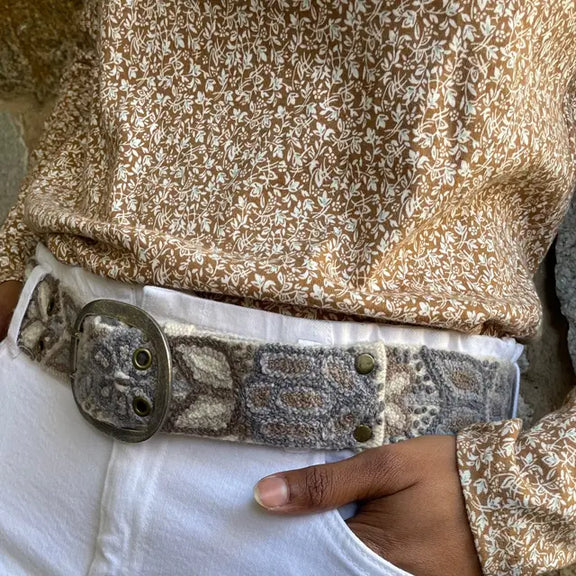 Embroidered Wool Belt . Monochromatic Cream