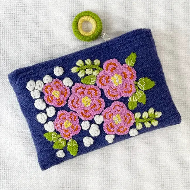 Embroidered Wool Zip Pouch . Five Dahlias