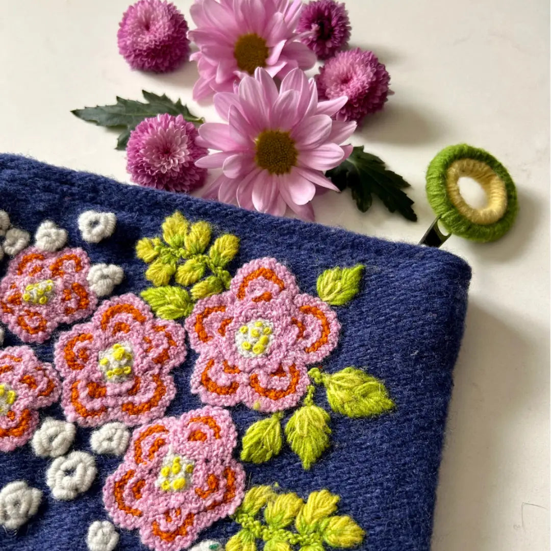 Embroidered Wool Zip Pouch . Five Dahlias