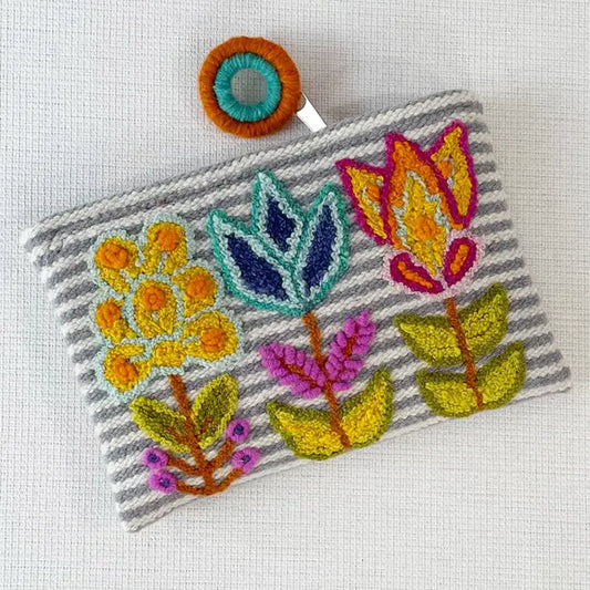 Embroidered Wool Zip Pouch . Flowers + Stripes