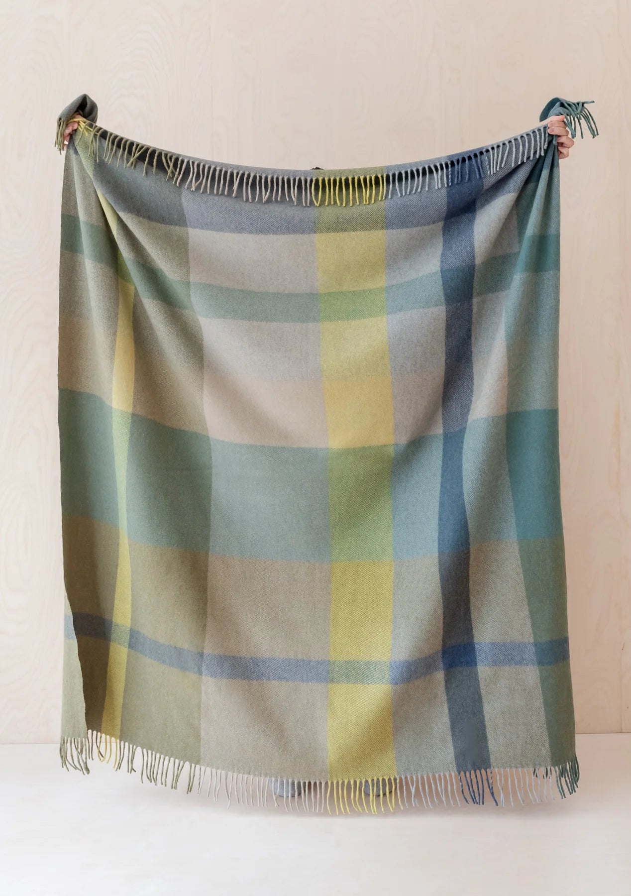 Recycled Wool Blanket . Green Oversized Patchwork Check