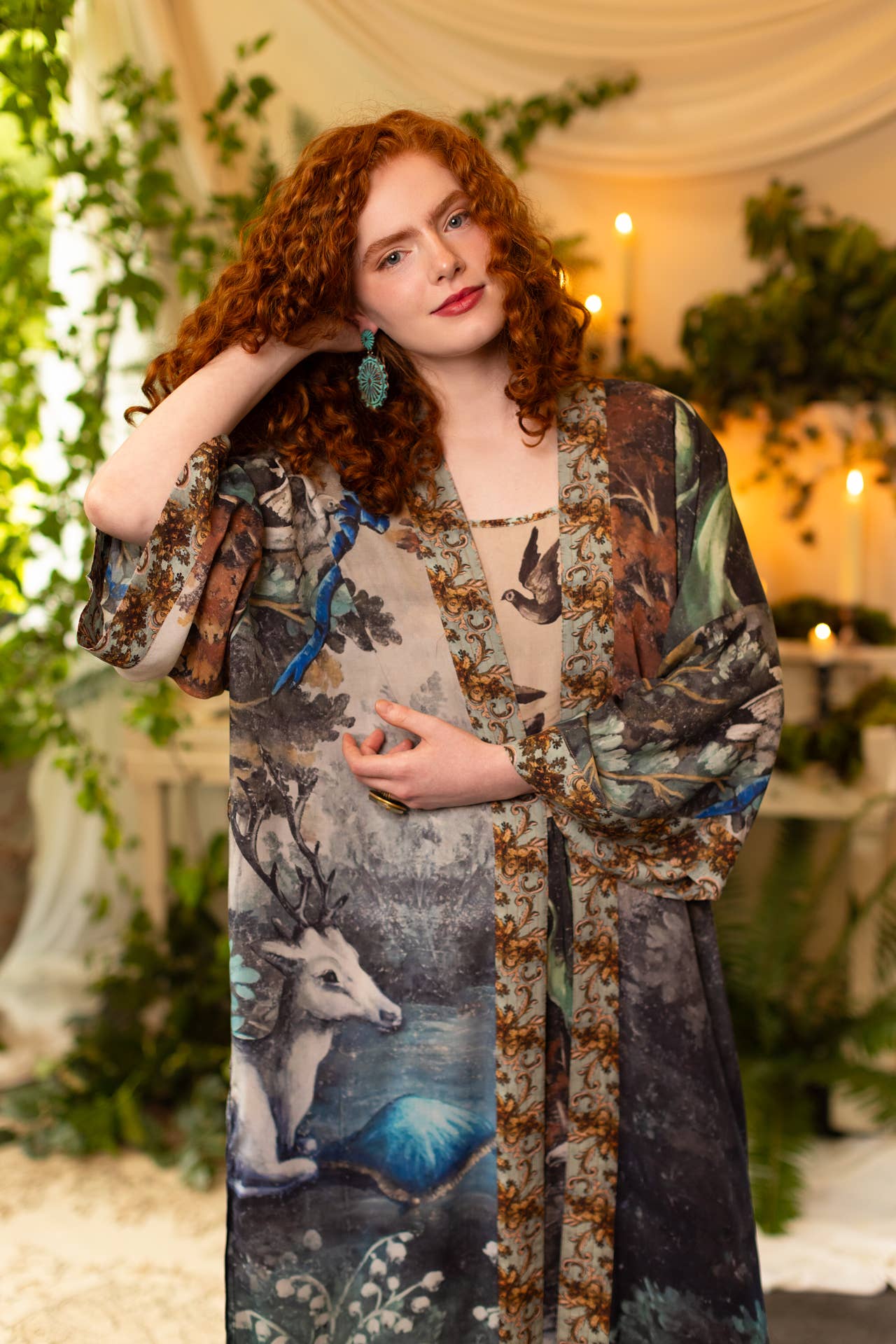 Duster Bamboo Kimono Robe . Theatre of Dreams with Deer