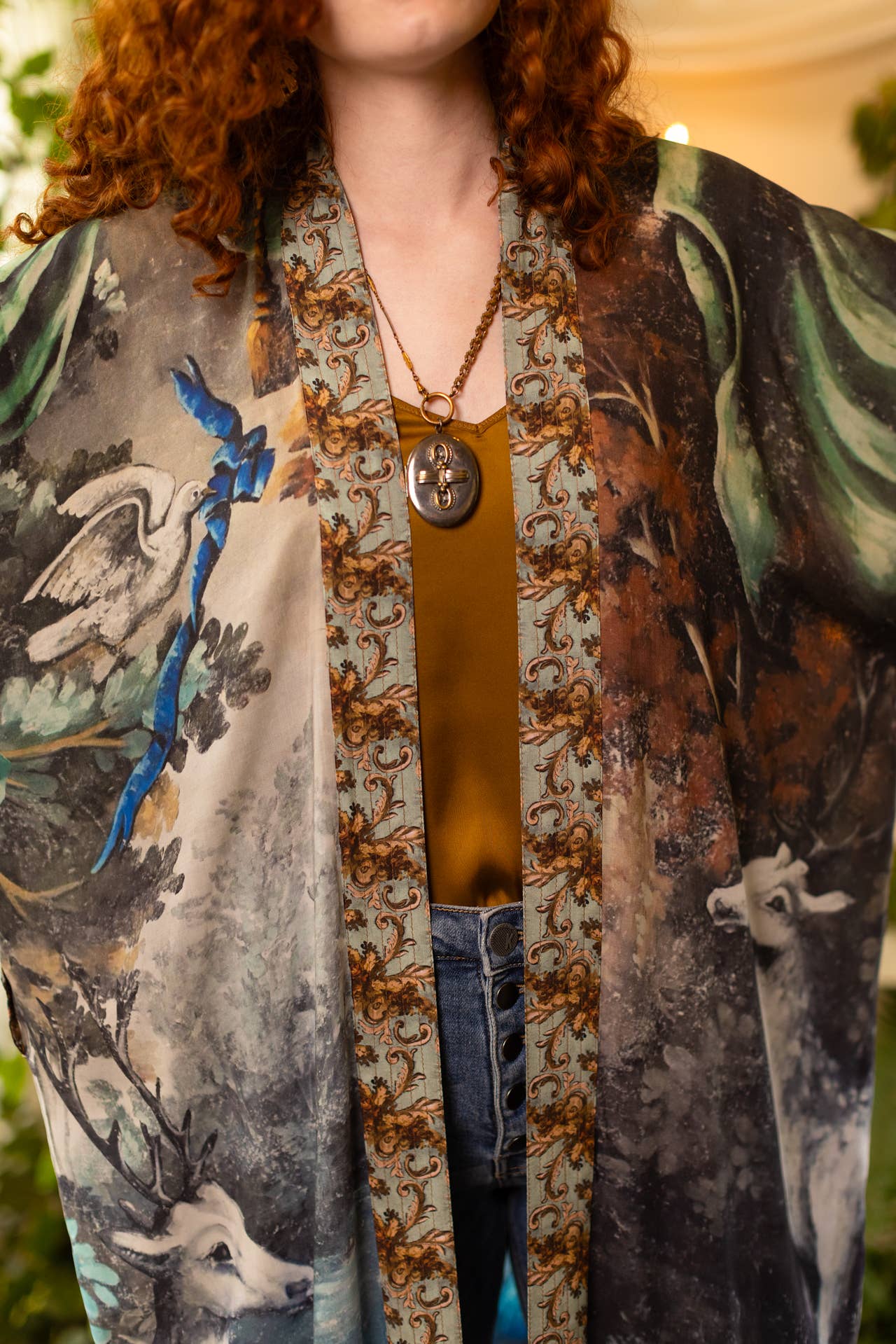 Duster Bamboo Kimono Robe . Theatre of Dreams with Deer