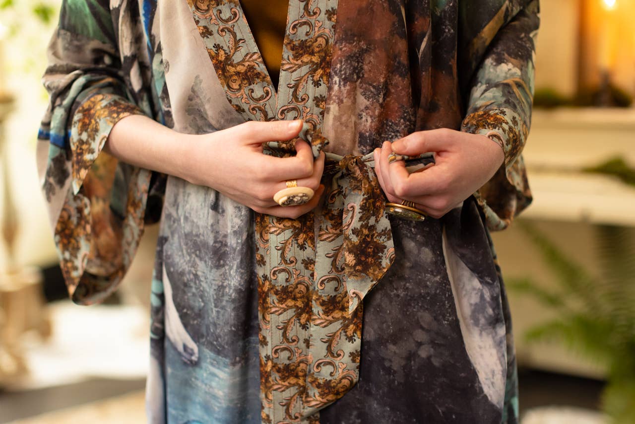 Duster Bamboo Kimono Robe . Theatre of Dreams with Deer