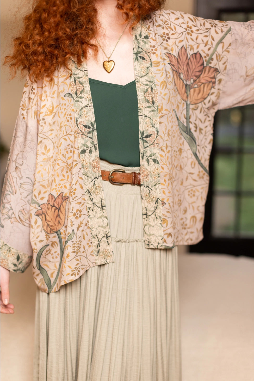 Cropped Kimono . Folklore Floral with Bird of Peace