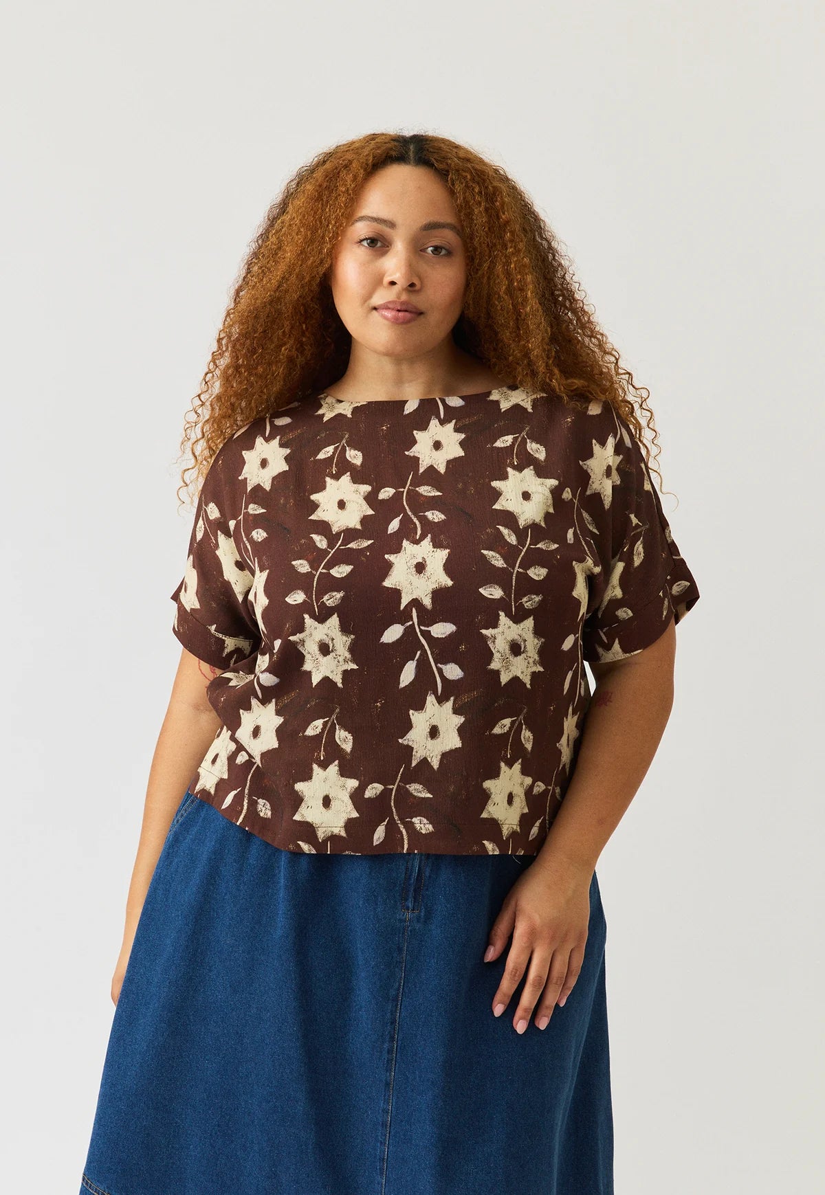 Dolman Top . Ochre Flowers