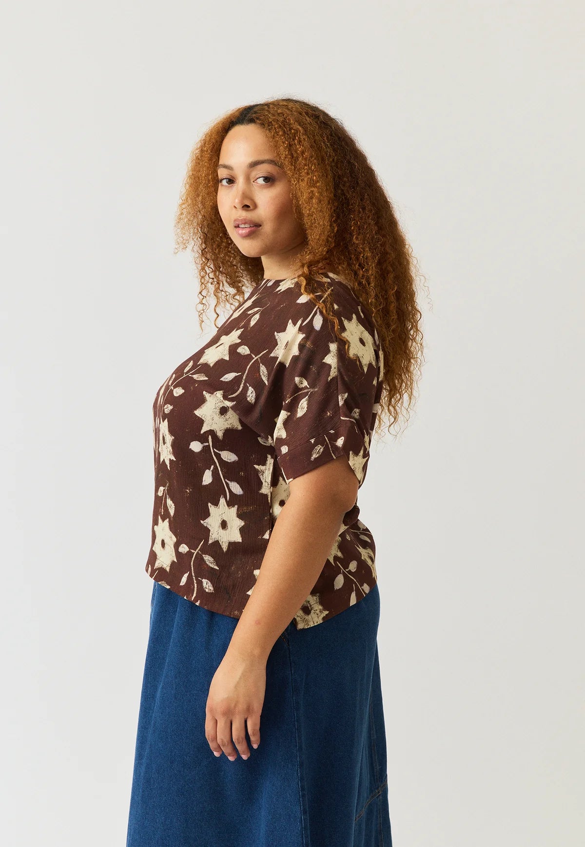 Dolman Top . Ochre Flowers