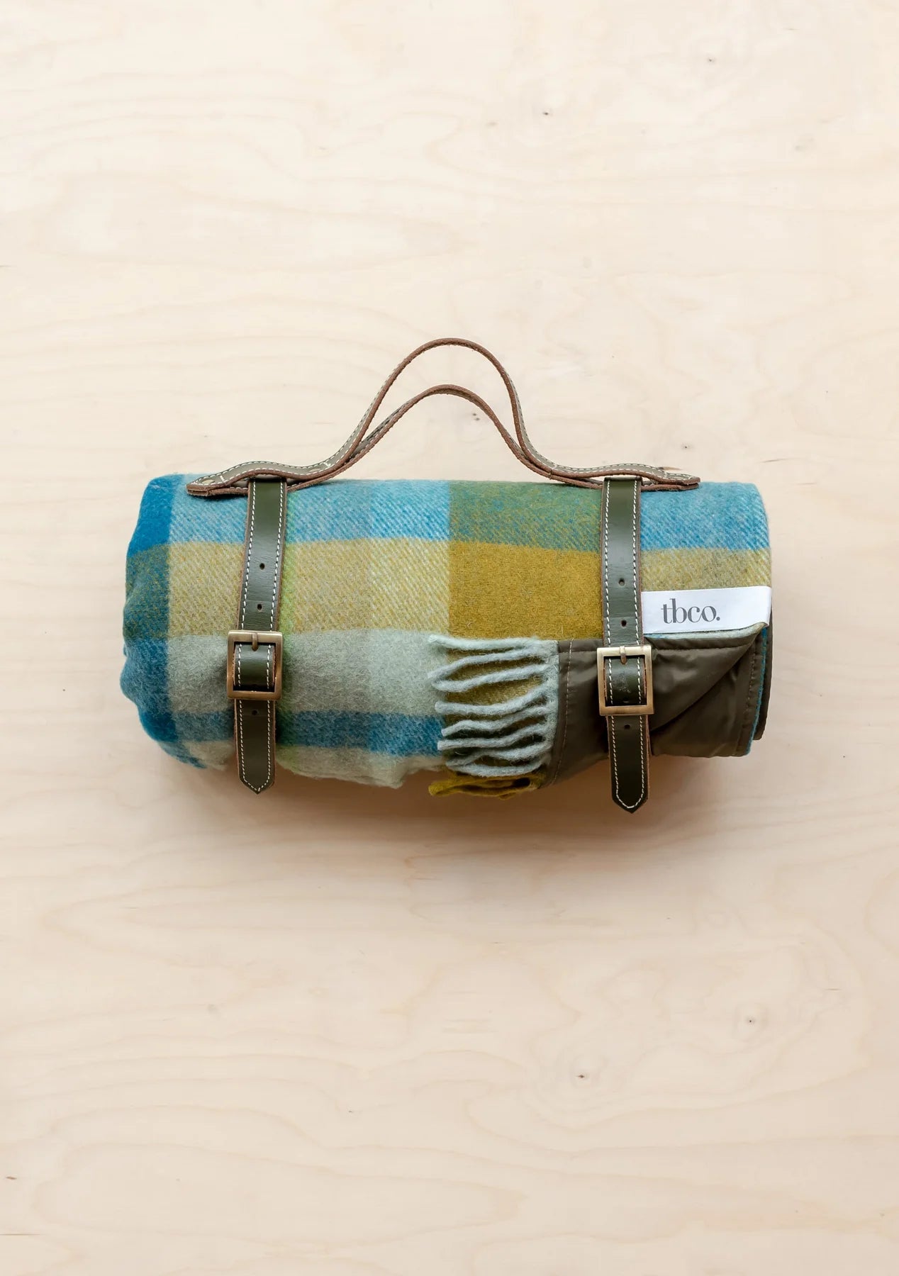 Recycled Wool Waterproof Picnic Blanket . Teal Patchwork Check