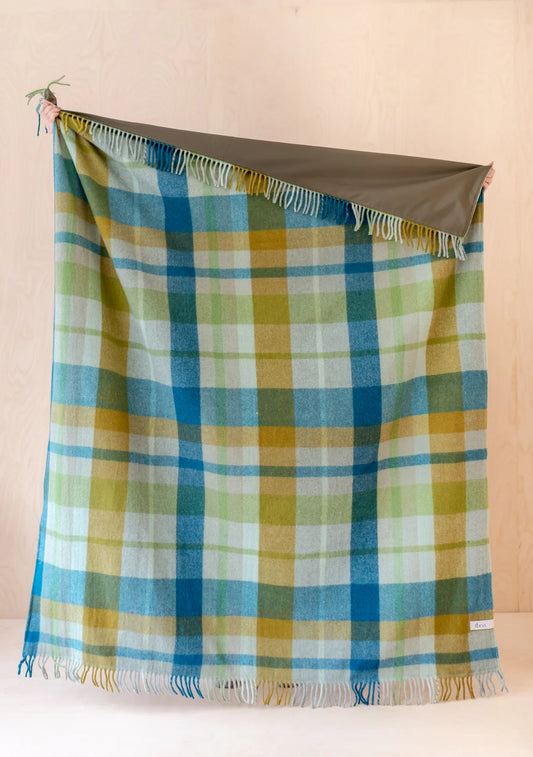 Recycled Wool Waterproof Picnic Blanket . Teal Patchwork Check