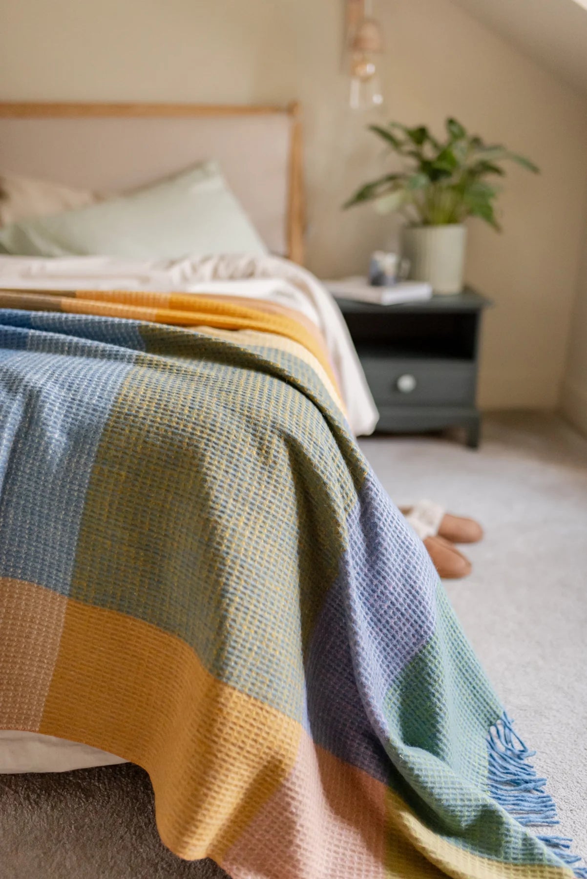 Recycled Wool Blanket . Cobalt Waffle Block Check