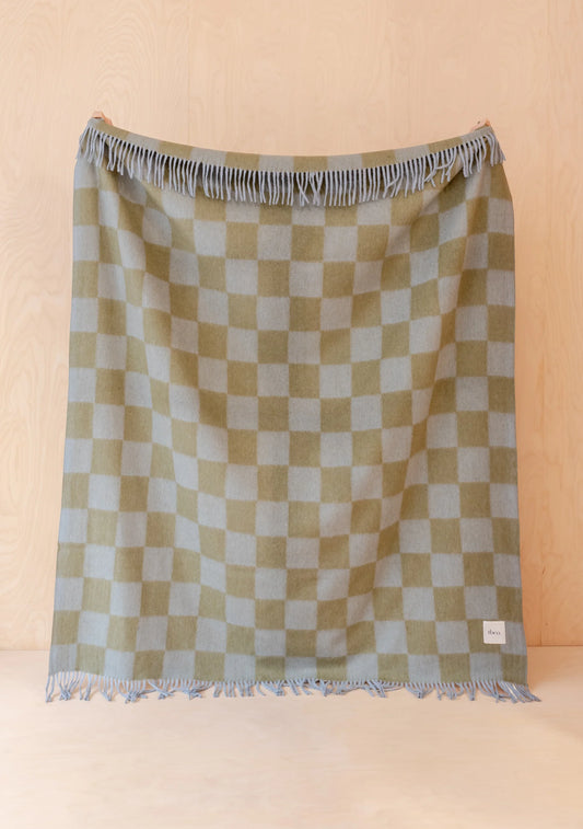 Recycled Wool Blanket .  Blue + Green Checkerboard