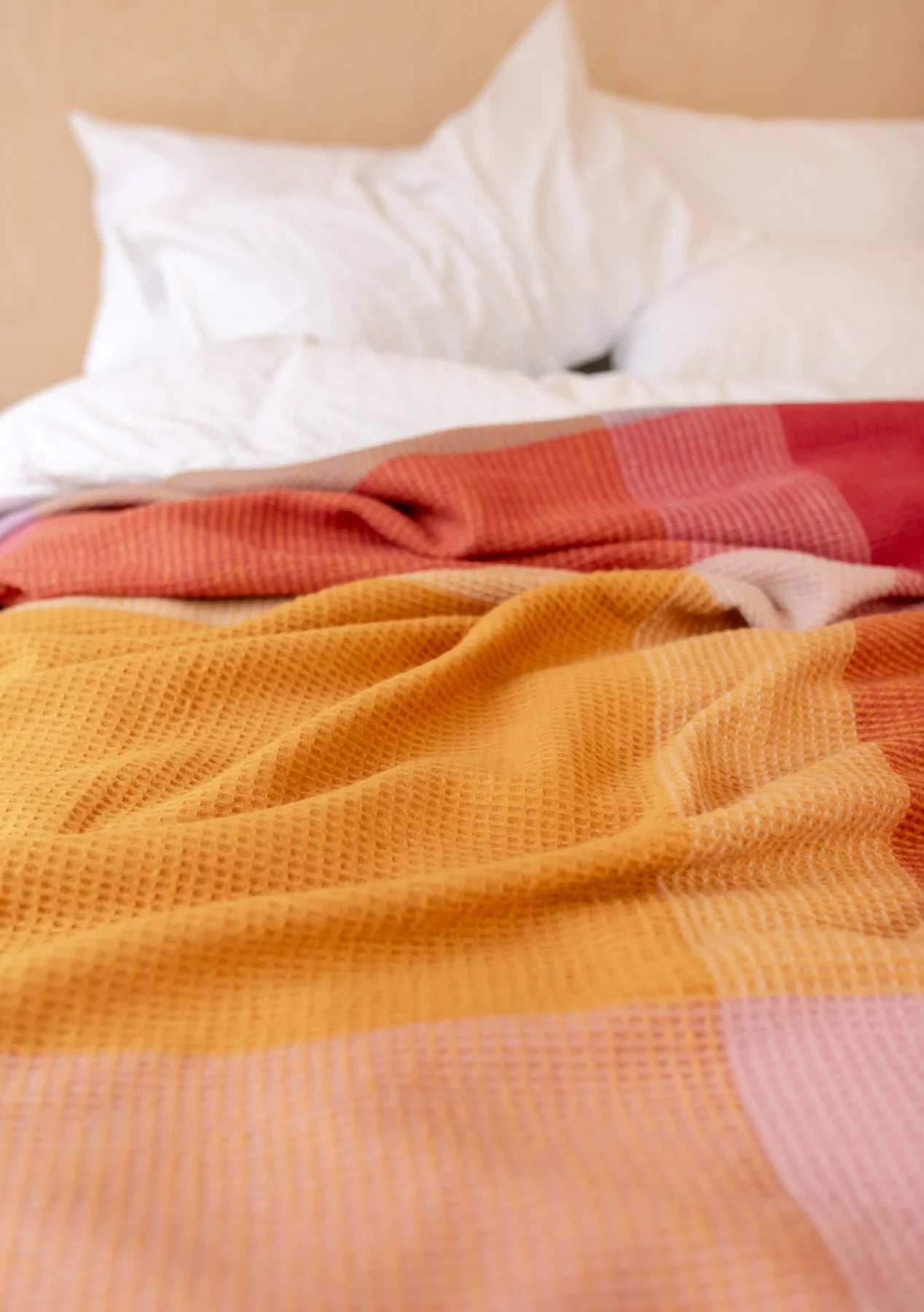 Recycled Wool Blanket . Orange Waffle Block Check