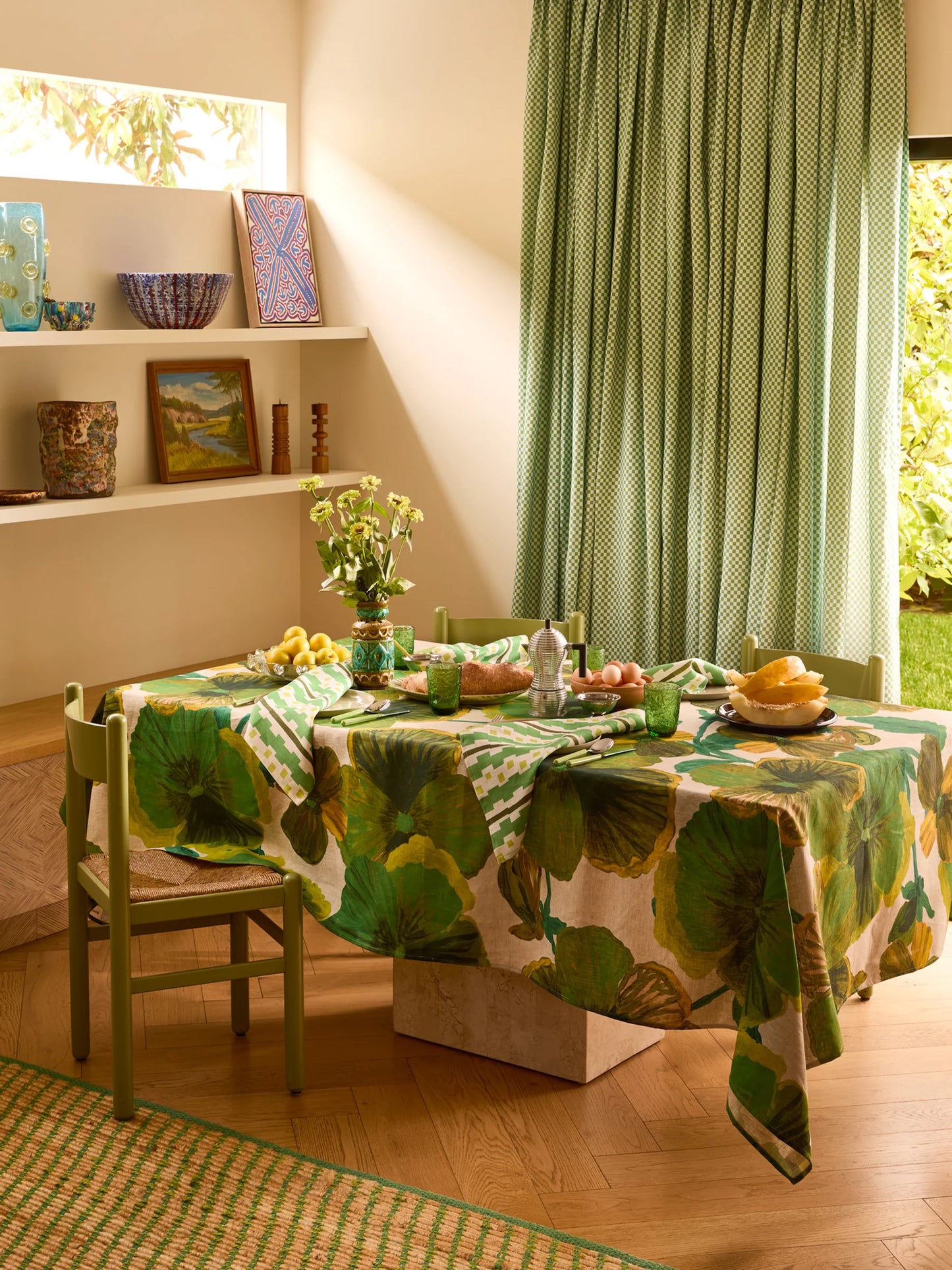 Wild Pansy Verde Tablecloth. ARRIVING SOON
