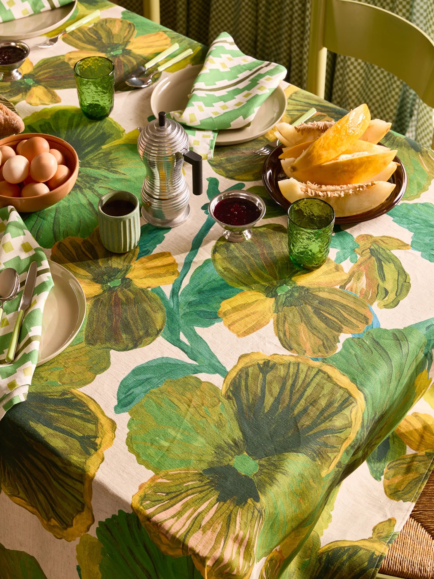 Wild Pansy Verde Tablecloth. ARRIVING SOON