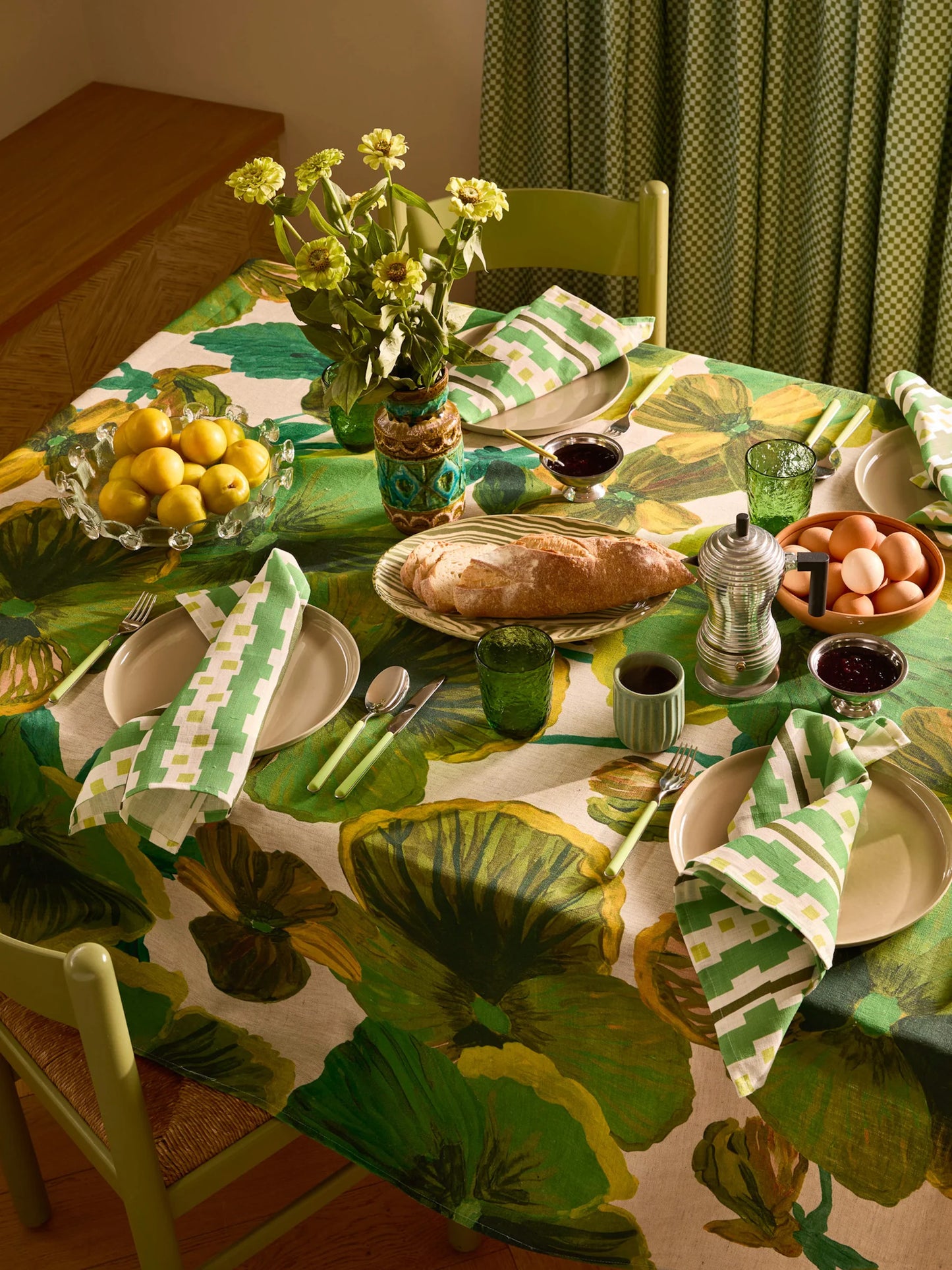 Wild Pansy Verde Tablecloth. ARRIVING SOON