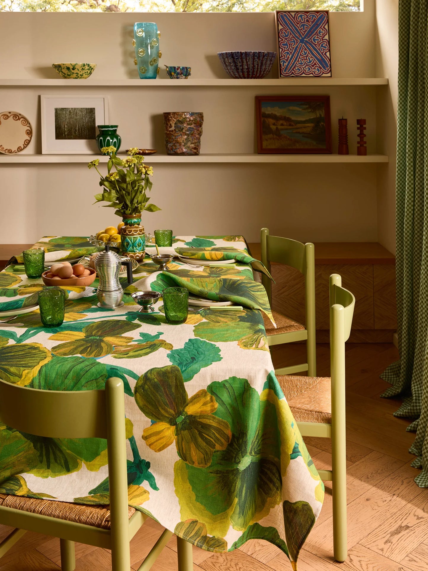 Wild Pansy Verde Tablecloth. ARRIVING SOON