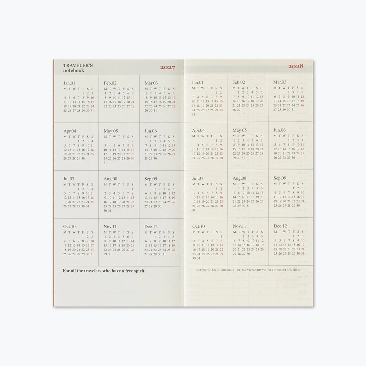Traveler's Notebook Refill . 2027 Diary Weekly + Memo