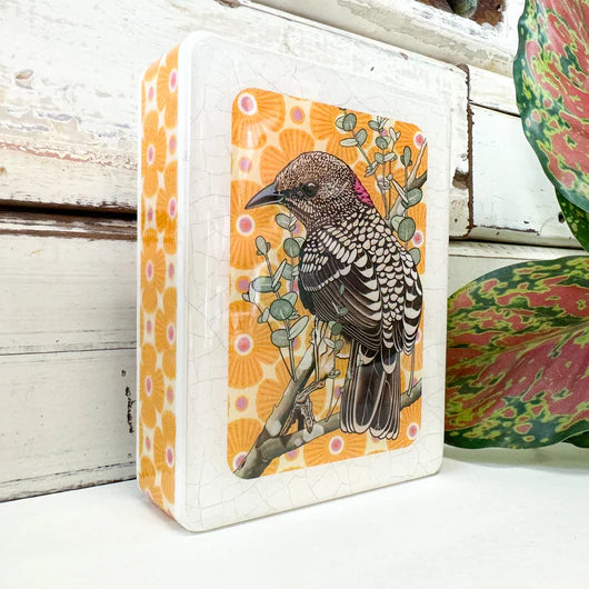 Mini Woodblock . Western Bowerbird