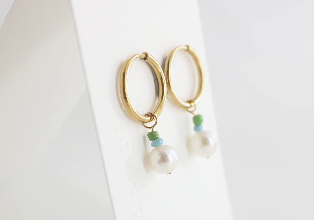 Beaded Blue Green Pearl Earrings